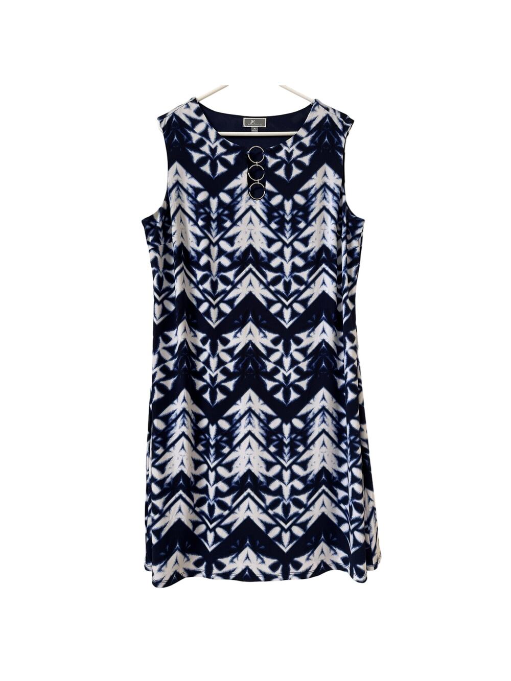 JM Collection XL Blue & White Sleeveless Dress Silver Links Accent Neck